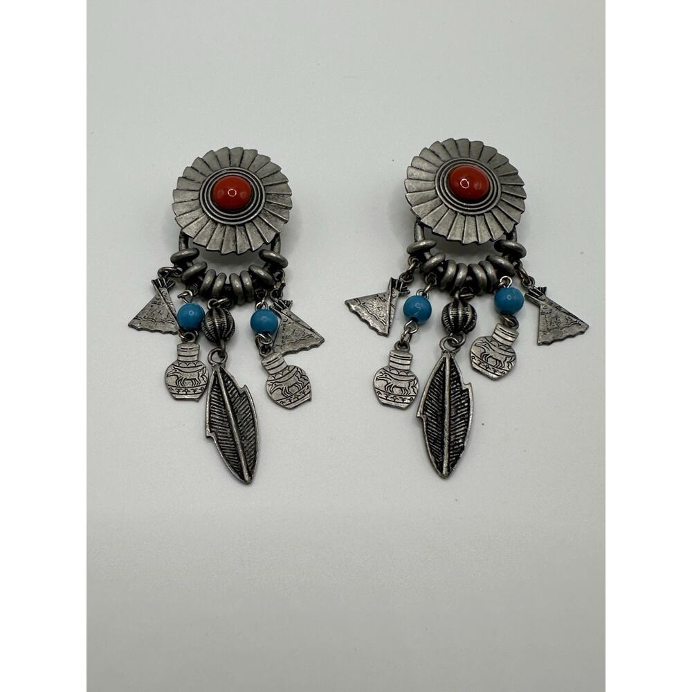 VTG Don-Lin Silver Tone Southwest Style Dangle Earrings 3.5”L